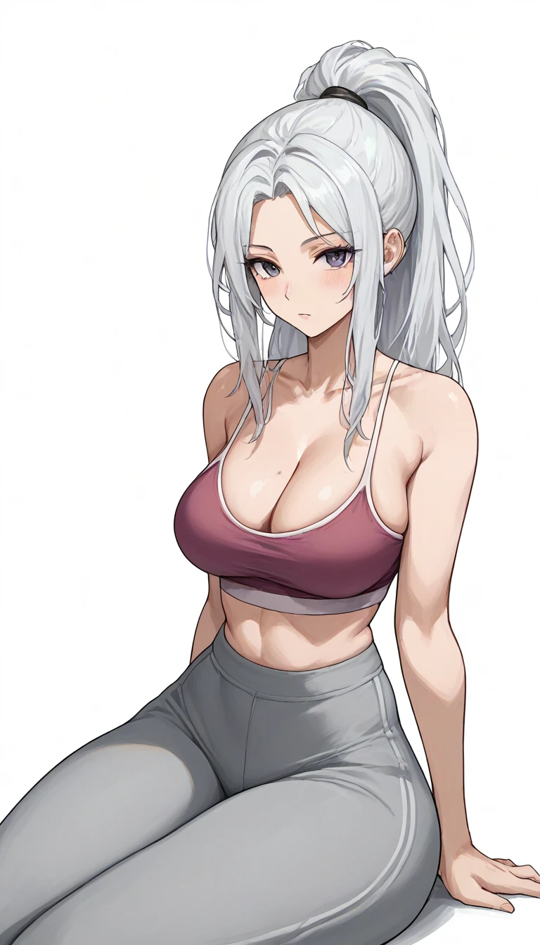 Score_9,score_8_up,score_7_up,1girl,solo,white background,sports bra, spaghetti strap,cleavage,big_breasts,looking_at_viewer,long hair, high ponytail, grey pants,yoga pants,haren pants,high waist,side slit,thick thighs,slab sitting,fashion dress