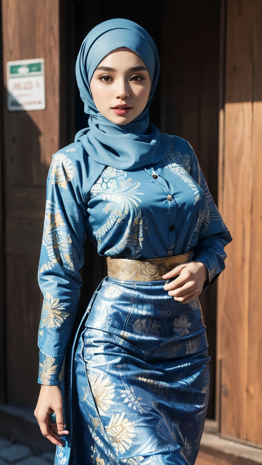 ((Best quality, 8k, Masterpiece :1.3)), Sharp focus :1.2, ((Indonesian model with blue hijab)), ((anatomy perpect)), ((big breasts)), Highly detailed face and skin texture, Fine eyes, Double eyelids, Make-up face. lipstick. (((hijabi))).
((Batik Batik long skirt)). ((button-up batik kebaya)). long legs_full body. walking in a traditional market