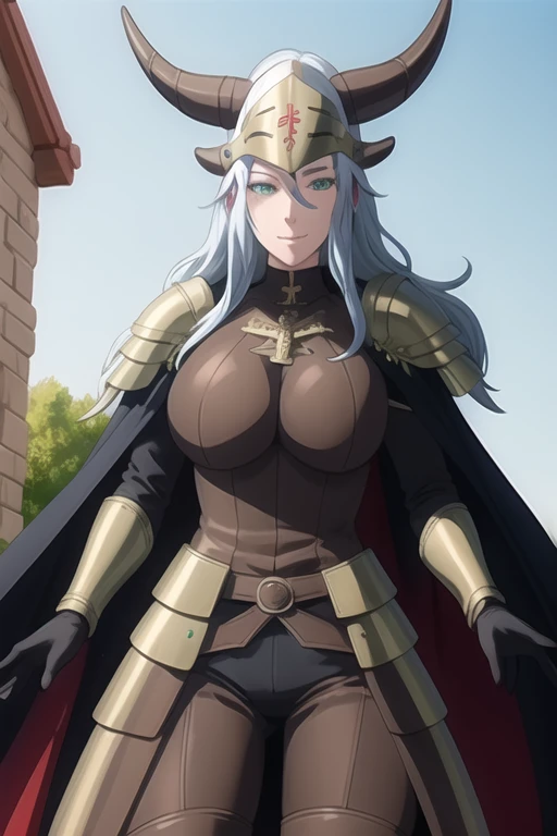 (high quality:1.2), intricate detailed, colorful,
VanessaCromwell, 1girl, mature female, solo, cowboy shot,
looking at viewer, determined,
white hair, long hair, green eyes, smile 
armor, breastplate, shoulder armor, sexy pose, bodysuit, horned helmet, gloves, cape, cloak, shoulder cape, body cape
large breasts, outdoor, standing 
 