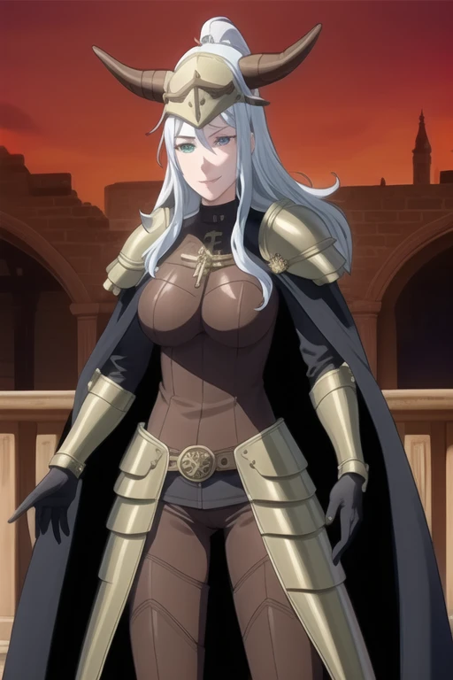 (high quality:1.2), intricate detailed, colorful,
VanessaCromwell, 1girl, mature female, solo, cowboy shot,
looking at viewer, determined,
white hair, long hair, green eyes, smile 
armor, breastplate, shoulder armor, sexy pose, bodysuit, horned helmet, gloves, cape, cloak, shoulder cape, body cape
large breasts, outdoor, standing 
 