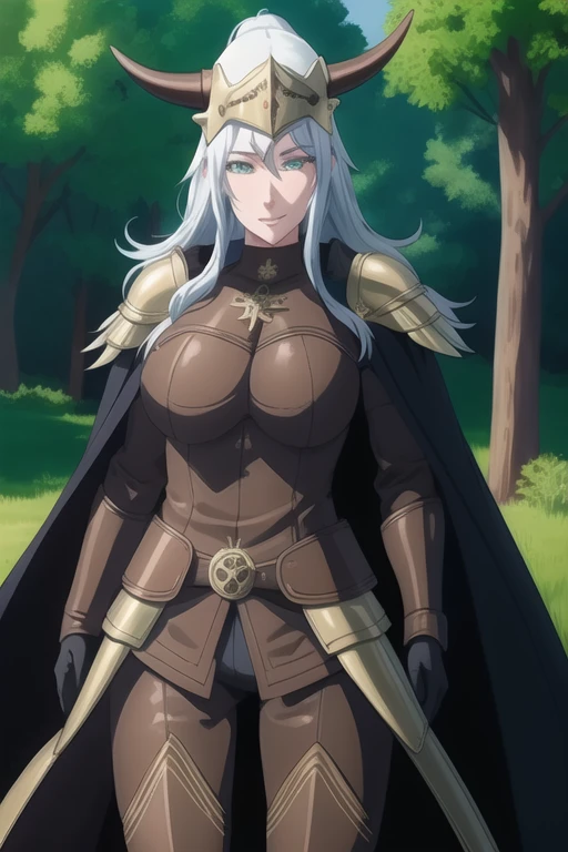 (high quality:1.2), intricate detailed, colorful,
VanessaCromwell, 1girl, mature female, solo, cowboy shot,
looking at viewer, determined,
white hair, long hair, green eyes, smile 
armor, breastplate, shoulder armor, sexy pose, bodysuit, horned helmet, gloves, cape, cloak, shoulder cape, body cape
large breasts, outdoor, standing 
 