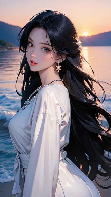 (masterpiece,Highest quality,,8k,High resolution),One female,,Beautiful Face,Beautiful Face,Beautiful eyes,Beautiful lips,,Black Hair,look back,,flower,Sandy beach with a view of the forest,A bright night with stars visible,jewelry,Holding,Long sleeve,necklace,Long Hair,dress,(whole body),Highly detailed anime art,