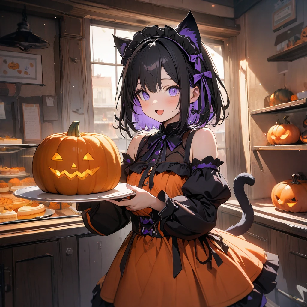 (8K, best quality, master piece: 1.2),super high resolution,1 idol,solo,,ultra-detailed face,detailed eyes,lavender eyes,colored inner hair,medium bob,orange pumpkin,Cold-Shoulder Sleeves,orange Halloween dress, gothic fashion,pumpkin and ribbon maid headdress,:d,black Cat ears,blrak hair,Black cat tail,looking at viewer,Cowboy Shot,rim light,holding a pumpkin cake,indoors cake shop,highly detailed illustration,masterpiece,8K,top quality