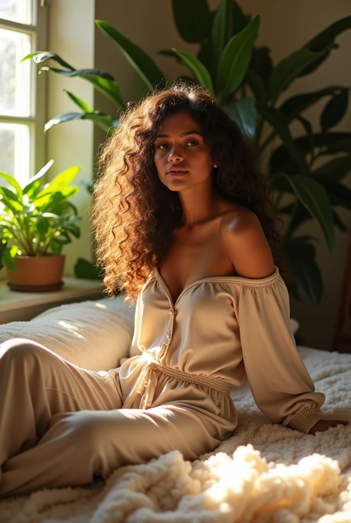 (photorealism:1.2), beautiful woman, sitting on bed, wearing loose off-shoulder top, pajama pants, long curly hair, indoors, soft lighting, plants in background, window with sunlight, cozy room, relaxed pose, realistic, intricate details, warm colors, by Greg Rutkowski, by Alphonse Mucha