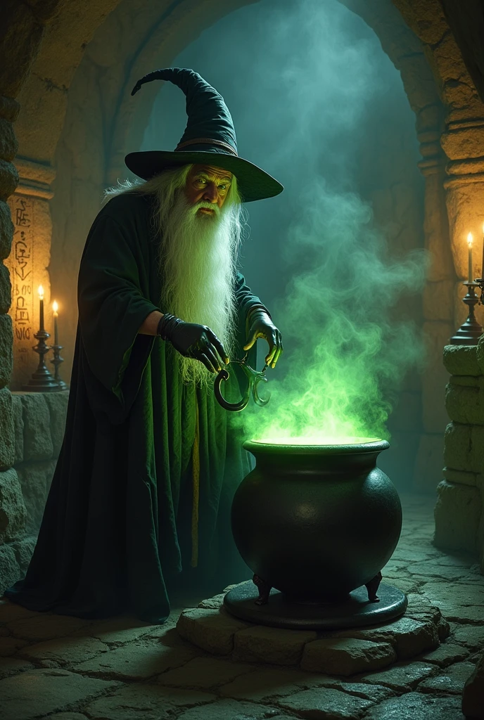 Old wizard with long hair, white, eyes glowing green, long hat, stirring the cauldron, In the cauldron, place two black arms coming out with handcuffed hands.
