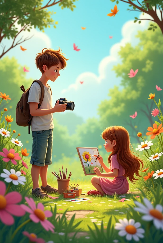 A cute long hair girl drawing art with a tall photography boy in the garden cartoon image