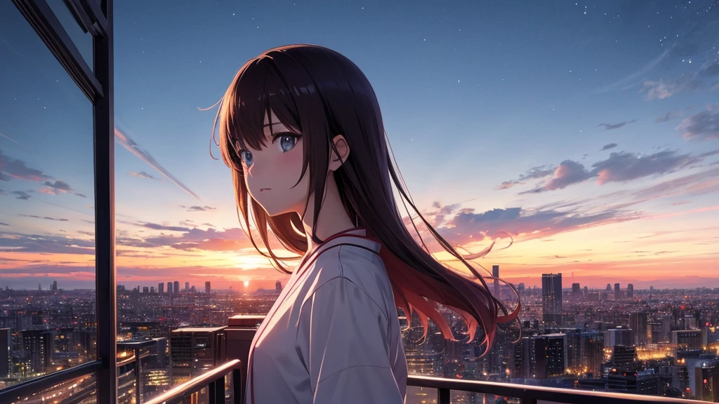 High resolution8K, NSFW, bright light lighting, anime style, film portrait photography, 1 girl, makoto shinkai, Japanese anime style, pastel starlight, Tokyo city lights, 1 girl, ridiculous solution, High resolution, sunset sky, Dramatic scenes, (masterpiece:1.4), super detailed, pink clouds, Anime characters in a scene with a sky background, your name movie style, Still images of TV anime, yourname,