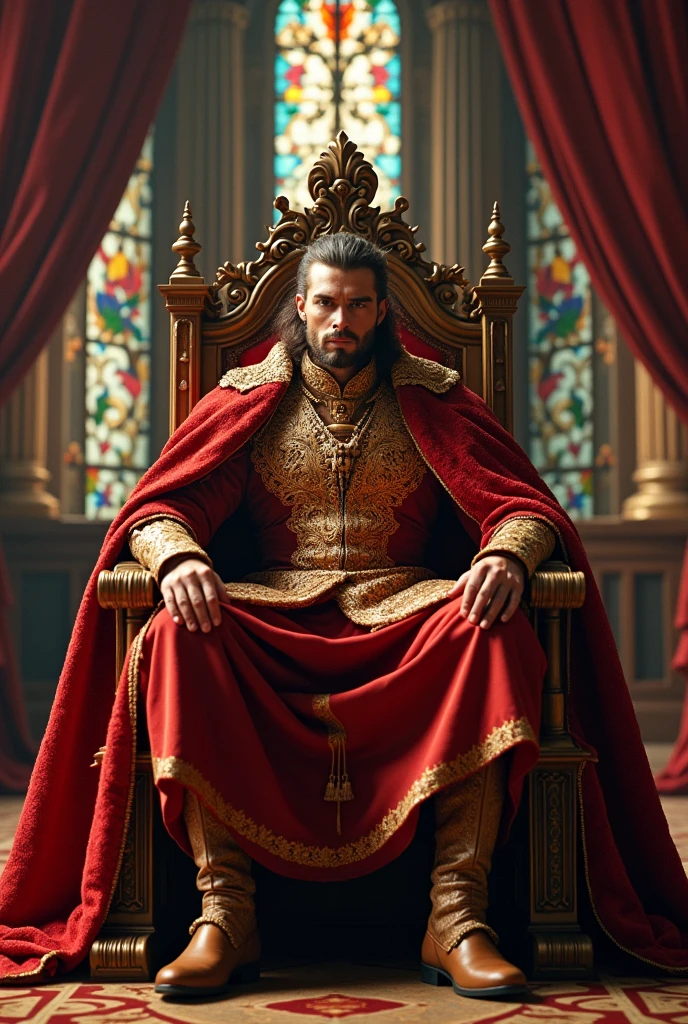 A handsome man, a king of the male gender, with a background in the Kingdom, sitting in the palace with a stern face and a very strong alpha aura, wearing royal attire.