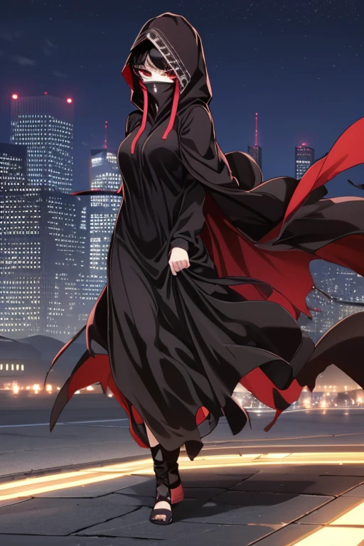 NNAssassinFSF, 1girl, solo, median breasts, black hair, red eyes, long sleeves, dress, hood, long skirt, black dress, cape, black cloak, hood up, black robe, covered mouth, hooded cloak, ((masterpiece,best quality)) city, night