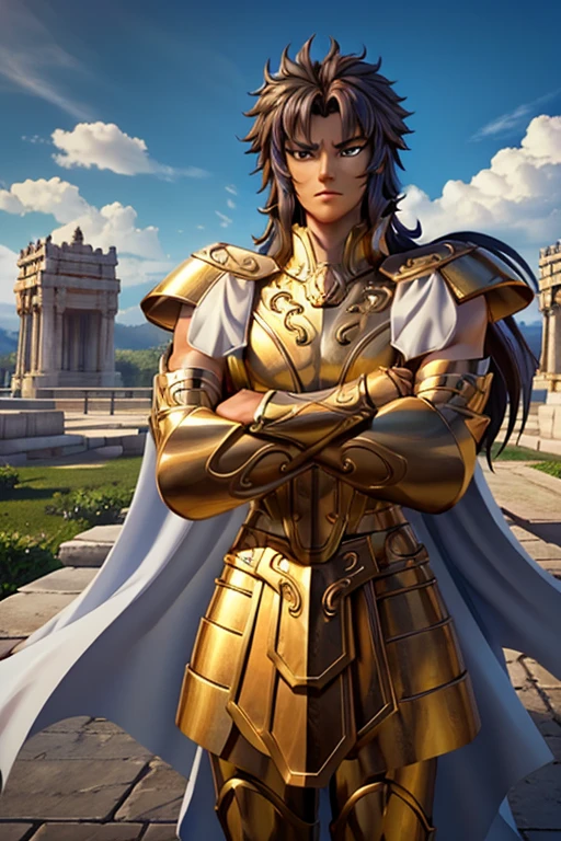 a tall man with short dark brown hair, standing with arms crossed on chest, wearing a white cape , panoramic view, temple of Gemini in background, (best quality,4k,8k,highres,masterpiece:1.2),ultra-detailed,(realistic,photorealistic,photo-realistic:1.37),cinematic lighting,intricate details,dramatic lighting,moody atmosphere,adventure scene,epic scale,serene environment,stunning architecture