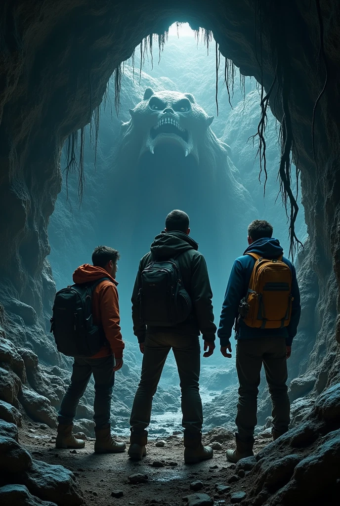 Explorers at the entrance of a deep cave with a monster inside