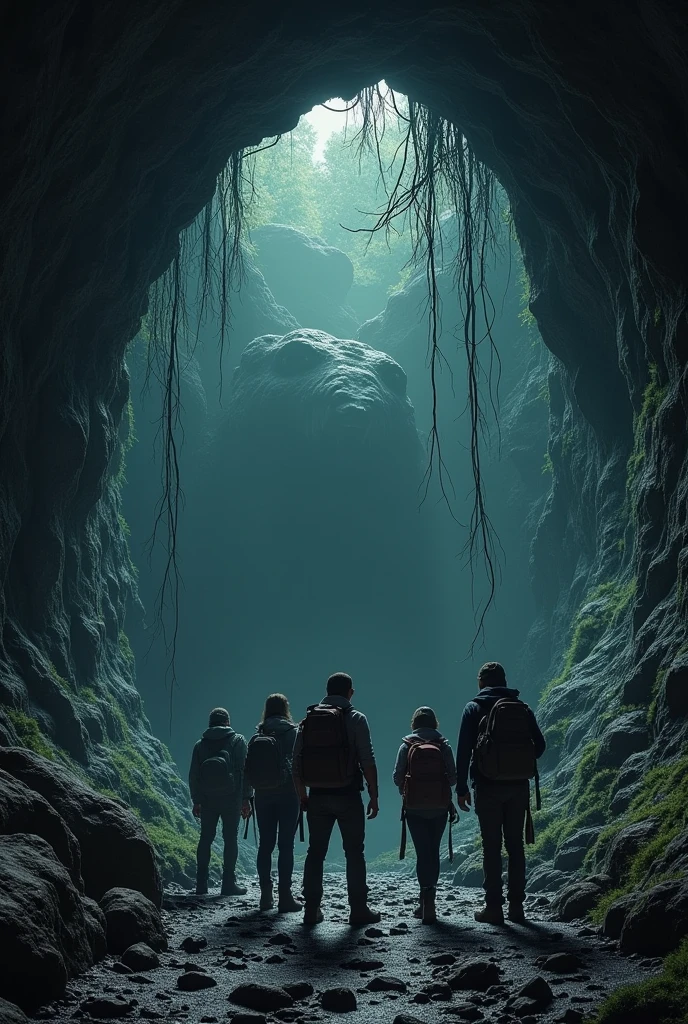 Explorers at the entrance of a deep cave with a monster inside
