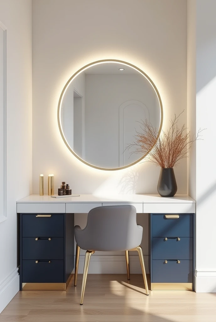 Professional 3d architecture rendering design of modern and gold French design for matte white  and dark blue makeup table with beautiful mirror and white wall and elegant accessories and white mirror and light so light wooden laminate floor 