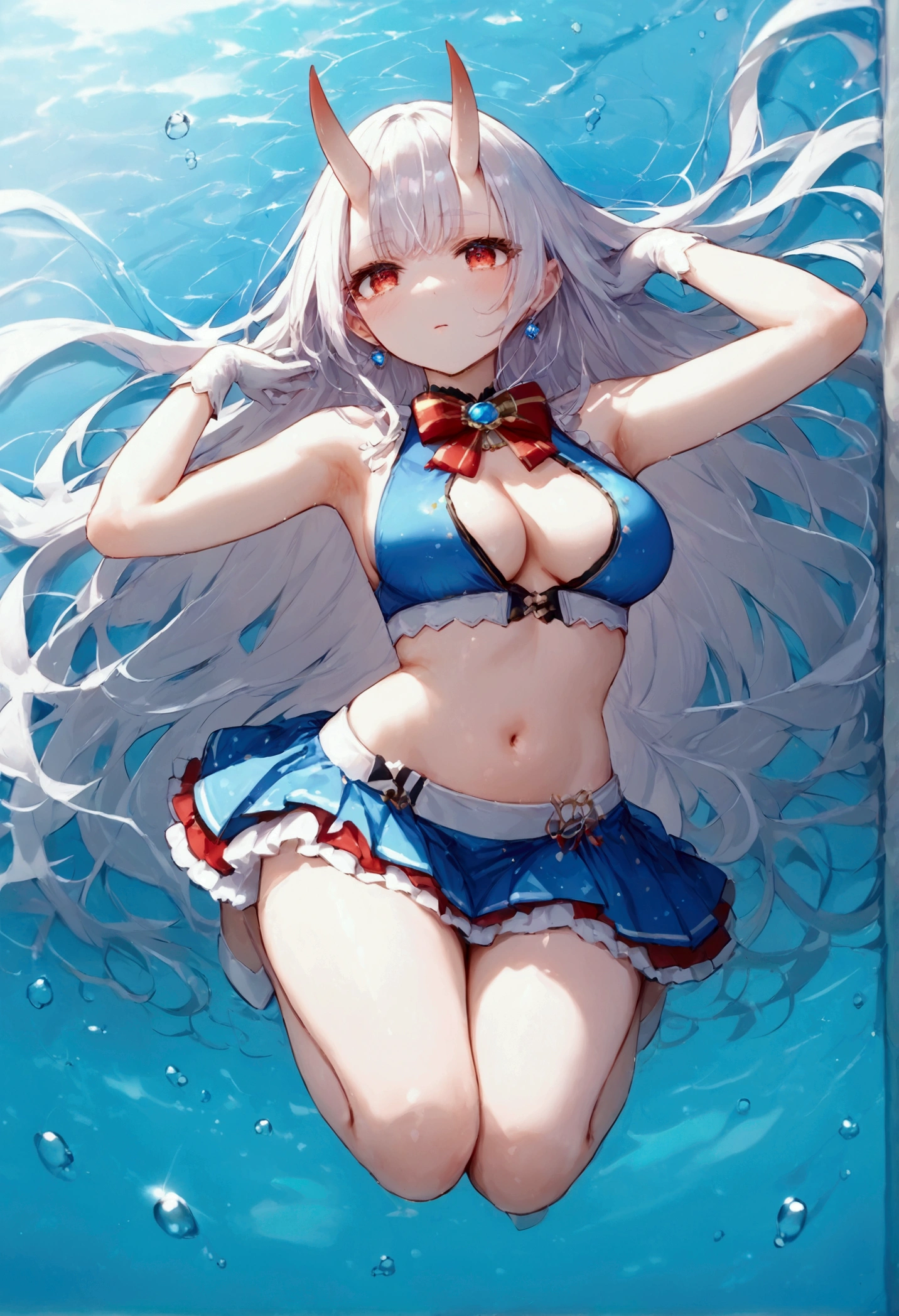 score_9, score_8_up, score_7_up, source_anime, (masterpiece), best quality, expressive eyes, perfect eyes, perfect face, oni girl, oni horns, red eyes, soft lips, long hair, very long hair, wide hips, (white hair:1.2), (white eyebrows:1), (white eyelashes:1), medium breasts:0.5, higuchi madoka, big breasts:0.3, full body, background: Concert stage, marine_idol, hololive idol uniform, white bow, white gloves, red ribbon, red bowtie, layered skirt, navel cutout