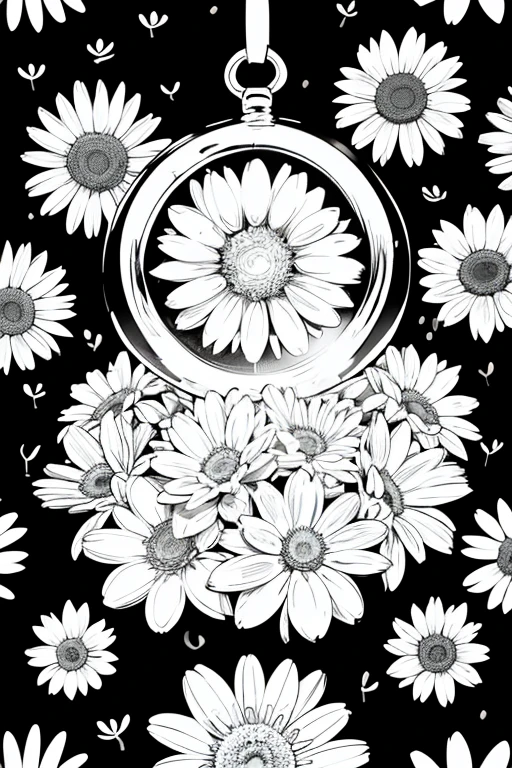 Coloring page for kids, cartoon style, low detail, no shadows, black and white image, plants, flowers, patterns, ornament. roses, daisies