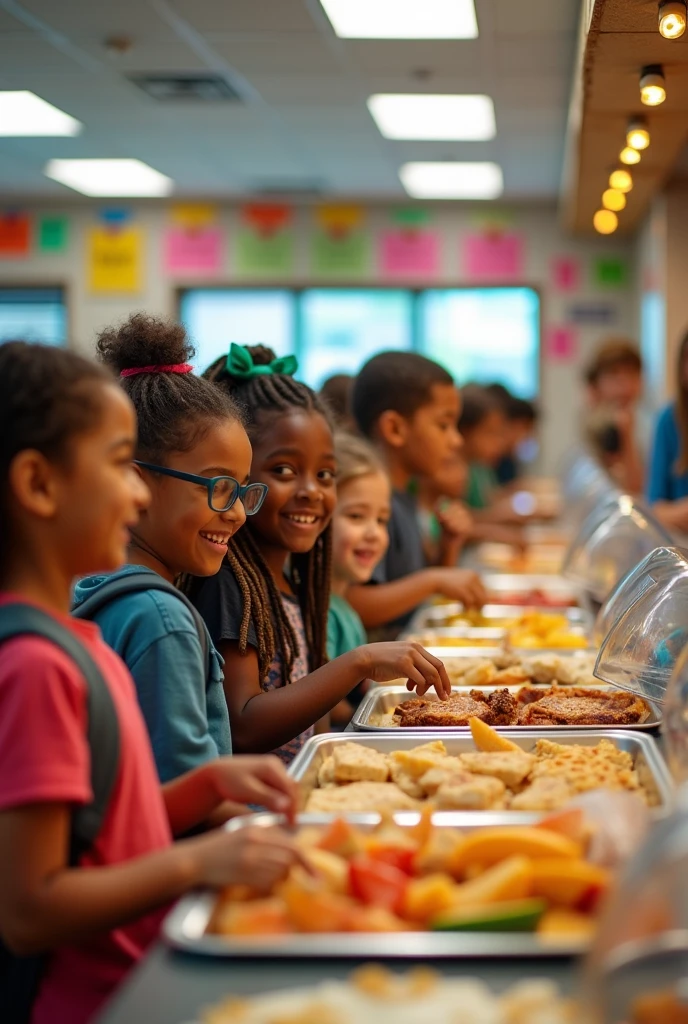 Create an image of  children lining up to buy food.
