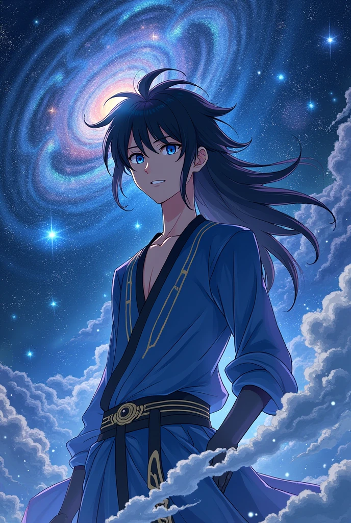 put the name: (The Eminent Divine Spirit), written in the drawing. Create a character, HUMAN TEENAGE MALE WITH NORMAL EARS with JAPANESE ANIME style drawing features, IN a cosmic environment, long black hair with a cobalt blue streak in one hair, cobalt blue eyes.