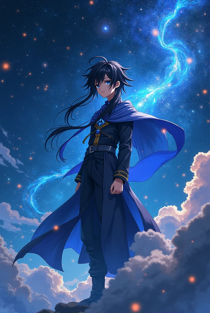 put the name: (The Eminent Divine Spirit), written in the drawing. Create a character, HUMAN TEENAGE MALE WITH NORMAL EARS with JAPANESE ANIME style drawing features, IN a cosmic environment, long black hair with a cobalt blue streak in one hair, cobalt blue eyes.