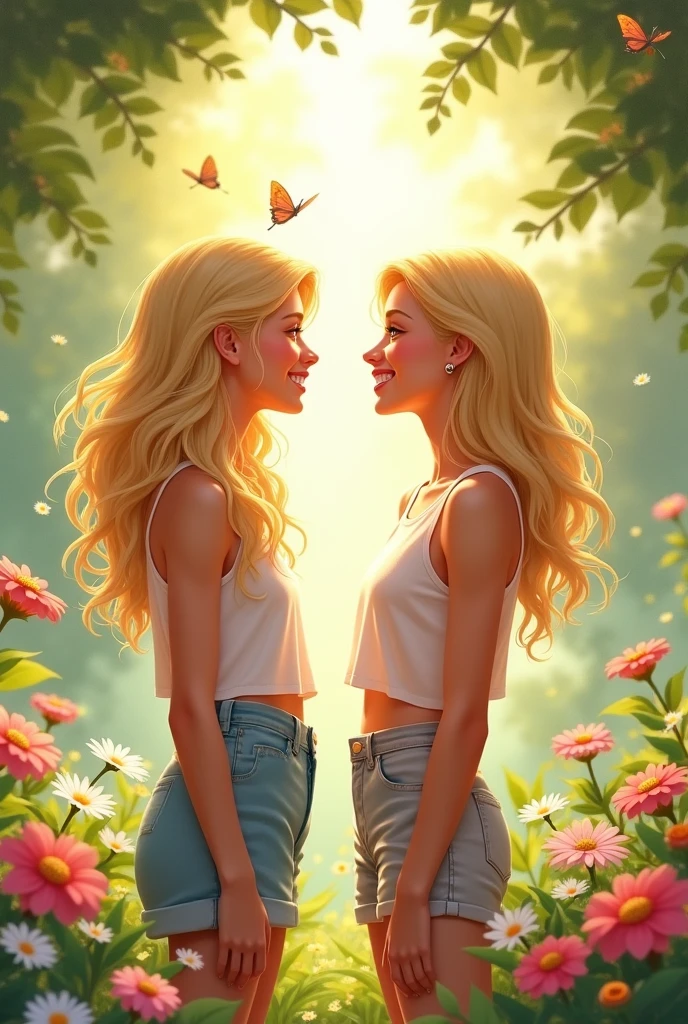 Two blonde teenagers standing side by side completely naked