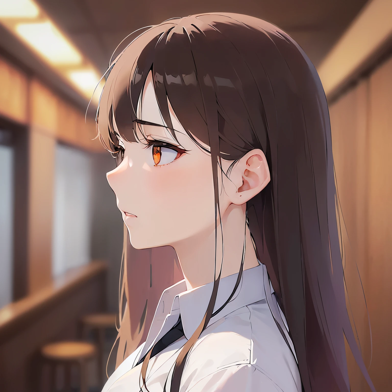 （looking at viewer:1.5）Upper Body, profile、cheek rest,
Realistic, real person, (pale skin: 1.2), RAW photo, photorealistic, shiny skin, shiny hair、(A 25-year-old woman with medium-length hair and bangs) and (wavy hair) and (brown hair) and (orange eyes) ,
(Wearing a business suit:1.5) and (Wearing a white collared shirt)、
expressionless,The background is the inside of a Japanese pub at night.、(alone:1.5)