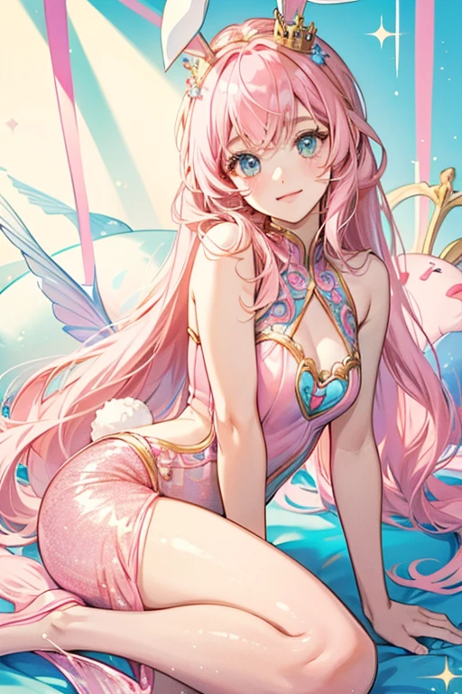 Bree is a light pink bunny with pink hair and white bunny ears. She has a blue and pink top with an ornate design. She has a pink mermaid tail. She comes with a yellow crown. SPARKLE; GLITTER