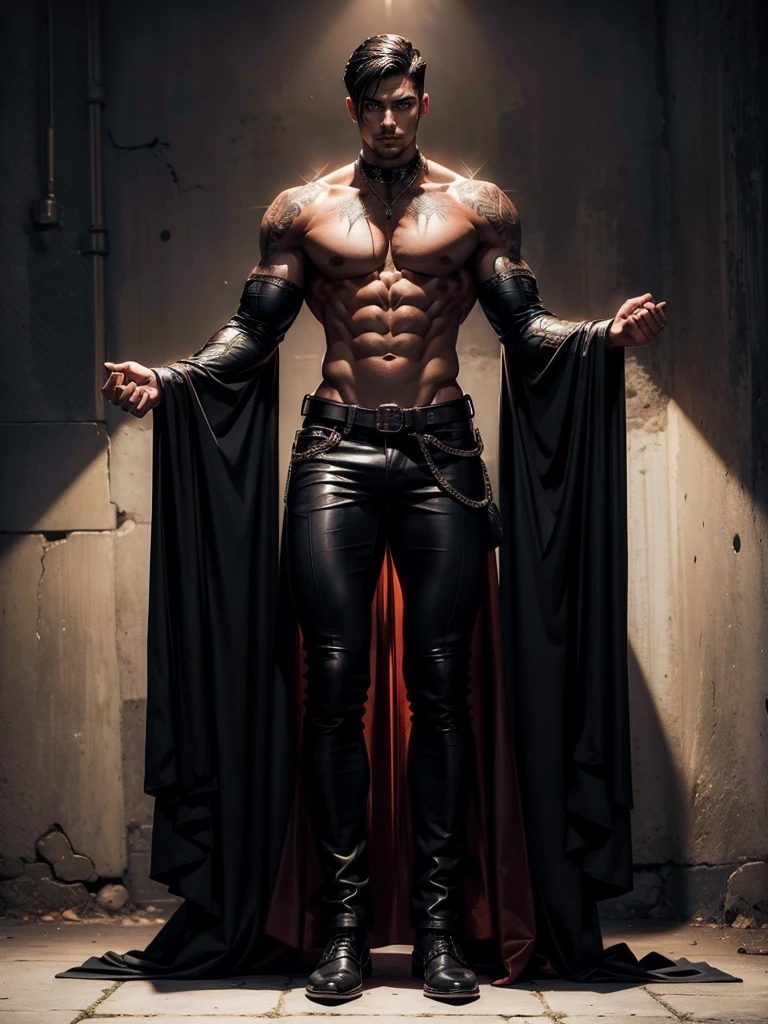 ((Masterpiece, Highest quality)), Detailed face, dramatic lighting, dark colors and atmosphere, (full body:1.3), Full of details, frontal body view, back body view, Highly detailed, Depth, Many parts, Muscle boy with short black hair，handsome man, man tall, pectoral muscles, abs