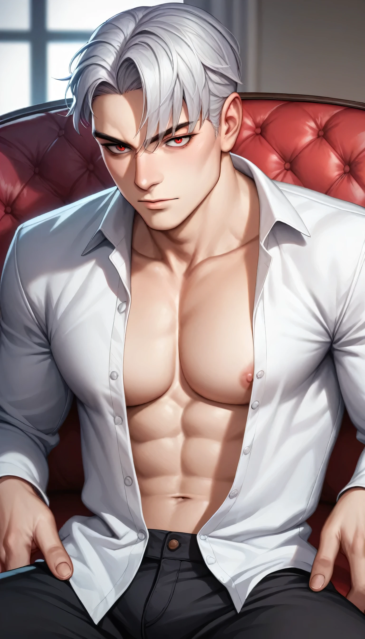 best quality, masterpiece, hyper realistic, extremely detailed, close up of extremely handsome, masculine male, 35 year old korean man, slim build, very lightly muscled, looks exactly like Sylus Qinche from "love and deepspace", bright red narrow eyes, silver hair, high middle parting curtain bangs, stoic stern expression, his hands completely rip open his white shirt, exposed chest, unbuttoned tight black pants, sitting on edge of exquisite sofa, in fancy bedroom, dark cinematic lighting, dramatic shadows,