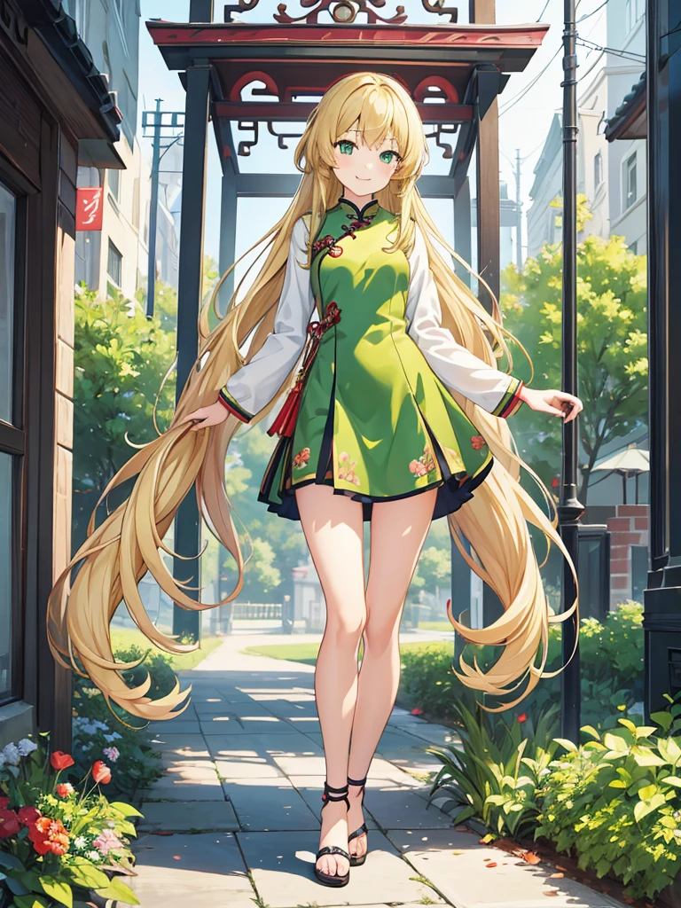 masterpiece, best quality, extremely detailed, anime, 1girl solo girl, 14 year old woman, longhair, blonde, green eyes, cheongsam, slender, small breast, slightly slimmer thighs, beautiful detailed face and eyes, fearless, smile, standing figure, full body, no background