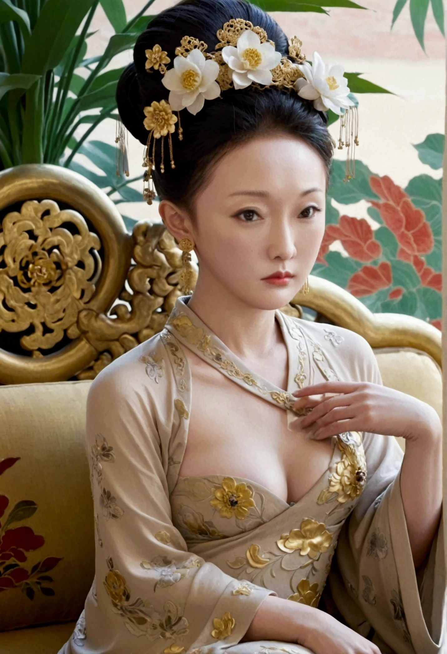 A nude statue of a woman from the Qing Dynasty. She is seated naked on a large golden sofa, Look straight ahead. Her breasts are big, Her hair is tightly bound, She is adorned with hairpins and flowers. The background and location are of a Chinese Empress. The story is set in the opulent rooms of the empress&#39;s palace in China during the Qing Dynasty.。.