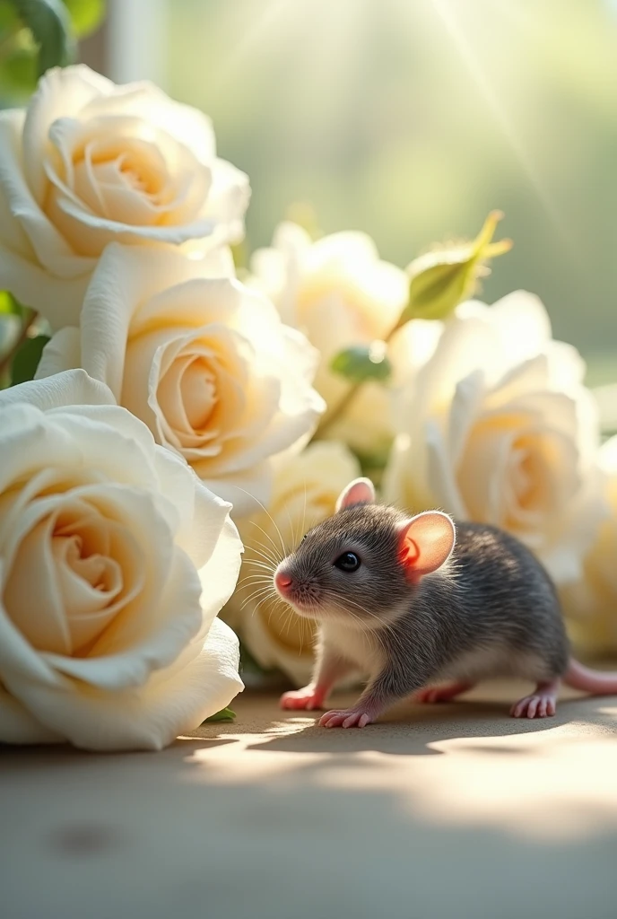 realistic mouse with white Roses 