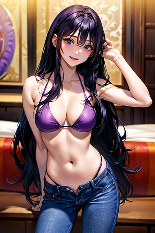 Very detailed、highest quality、Best image quality、masterpiece、8k、Anime Face、A kind smile、Open Mouth、((black long hair:1.5))、huge breast, sexy、 beautiful body 、Cowboy Shot, Sexual Intercourse, ((blue eyes)), hotel bedroom, ((( Jeans))), ((((purple bikini))))