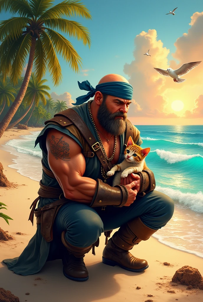 bald pirate with a cute kitten