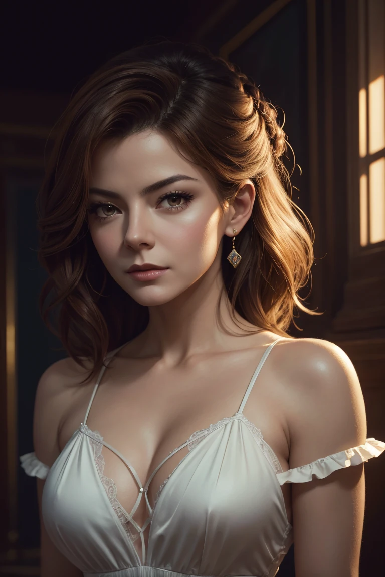 Silvia Navarro, sexy clothes, Portrait of character, 3 9 9 0 s, shorth hair, intrikate, chic, highy detailed, digitalpainting, art station, conceptual artwork, Soft, sharp focus, illustration, arte por wlop, Charlie Bowater e Alexandra Fomina