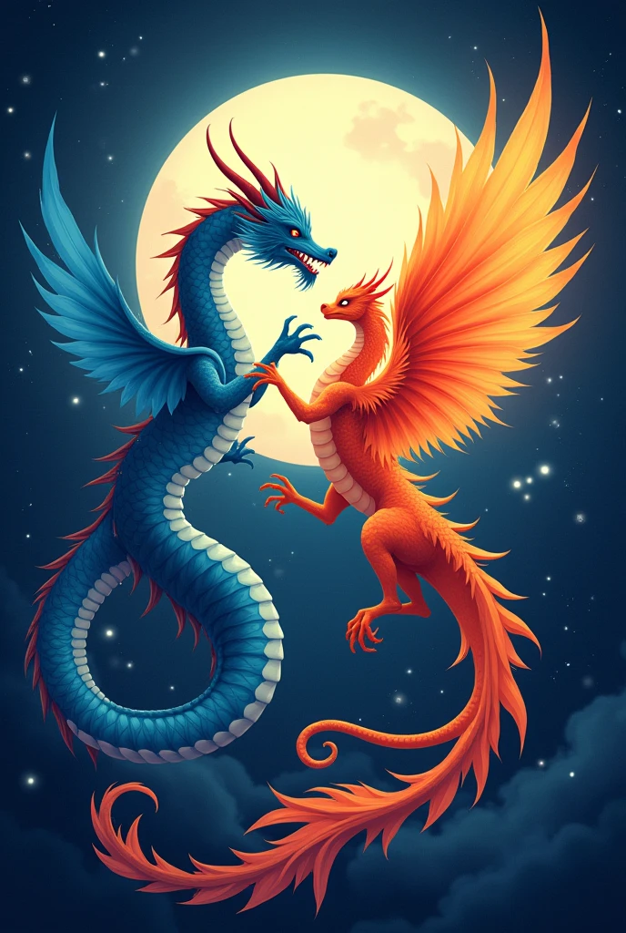 Phoenix and Dragon circulating the moon. The dragon's mouth is opened. the dragon has two hands. separate the two. Don't make them chubby, just 2D not 3D. separate them