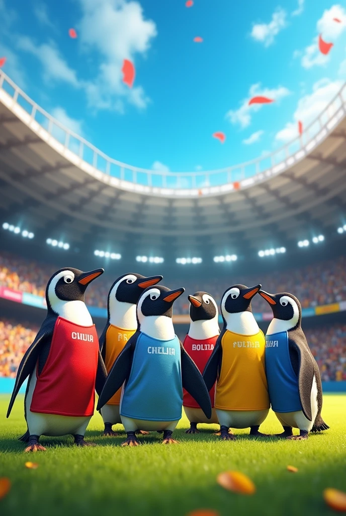 TEAM OF PENGUINS WITH FOOTBALL JERSEYS FROM CHILE PERU BOLIVIA ARGENTINA BRAZIL COLOMBIA MEXICO WITH STADIUM BACKGROUND 