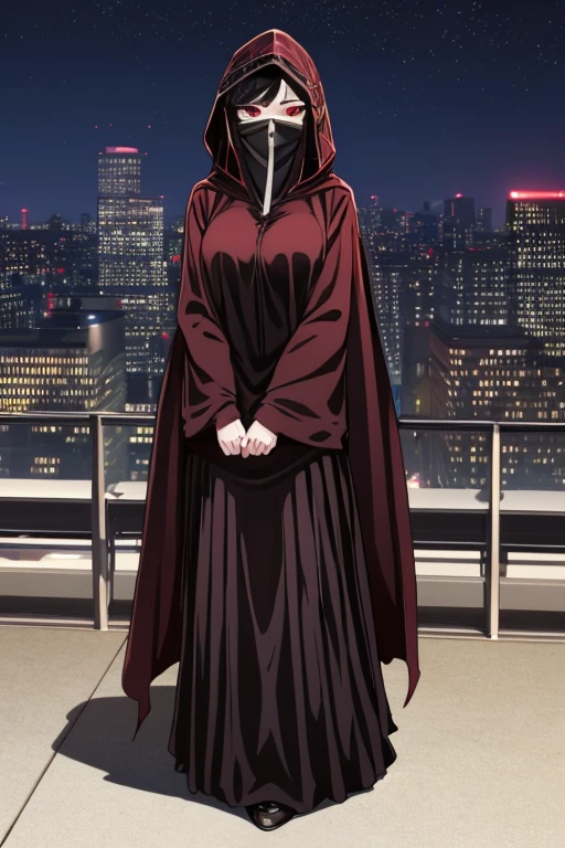 NNAssassinFSF, 1girl, solo, median breasts, black hair, red eyes, long sleeves, dress, long cape , black dress, cape, black cloak, hood up, black robe, covered mouth, hooded cloak, ((masterpiece, best quality)) city, night, standing