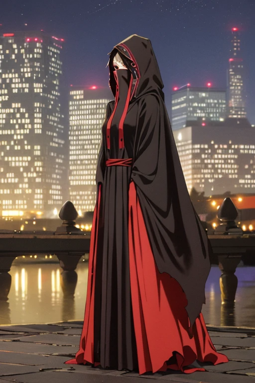 NNAssassinFSF, 1girl, solo, median breasts, black hair, red eyes, long sleeves, dress, long cape , black dress, cape, black cloak, hood up, black robe, covered mouth, hooded cloak, ((masterpiece, best quality)) city, night, standing