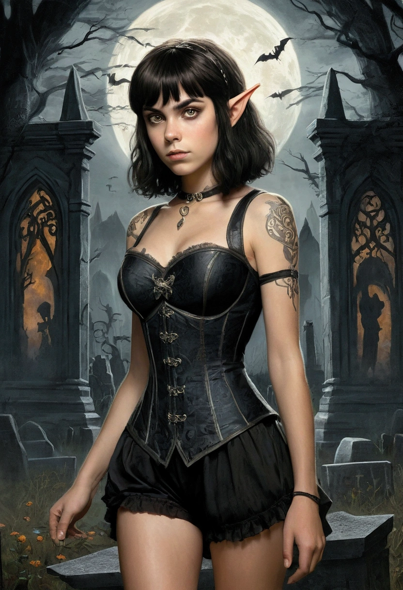 An illustrated movie poster, hand-drawn, full color, a teenage elven girl, wearing a black corset and bloomer shorts, tall, toned, athletic hourglass figure, long pointy elf ears, amber eyes, dark hair, shaggy bob cut with thick bangs, deep sun-tanned skintone, freckles, standing in a spooky gothic cemetery, graphite shading, stencil marks, airbrushed acrylic paint, masterpiece, in the style of the Lord of the Rings