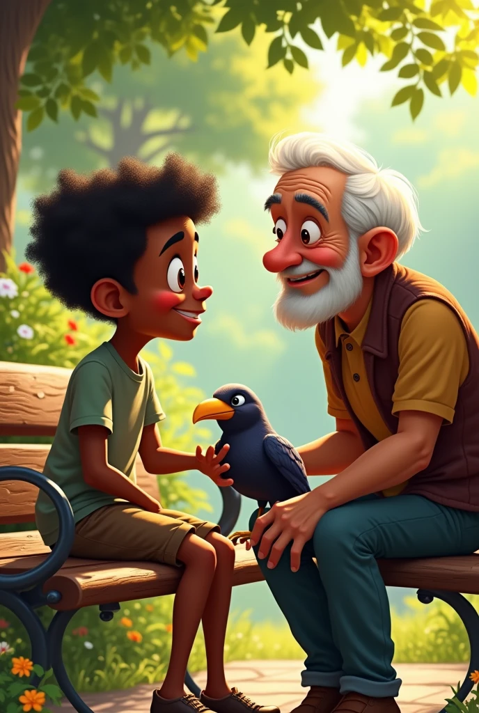 In cartoons a  Mateo with black skin.A crow and an old man calling him, both sitting on the bench