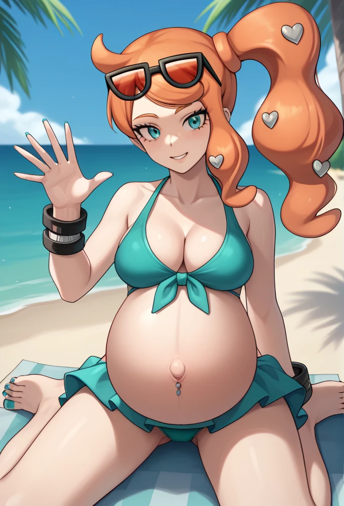 score_9, score_7_up BREAK solo,EPpkSonia,orange hair, side ponytail, aqua eyes, long hair, eyewear on head, sunglasses, heart hair ornament, aqua bikini, pregnant, big belly, Belly button piercing, cleavage, bracelet, collarbone, panties, nail polish, aqua nails, aqua toenails, beach, belly rub, Hawaii skirt