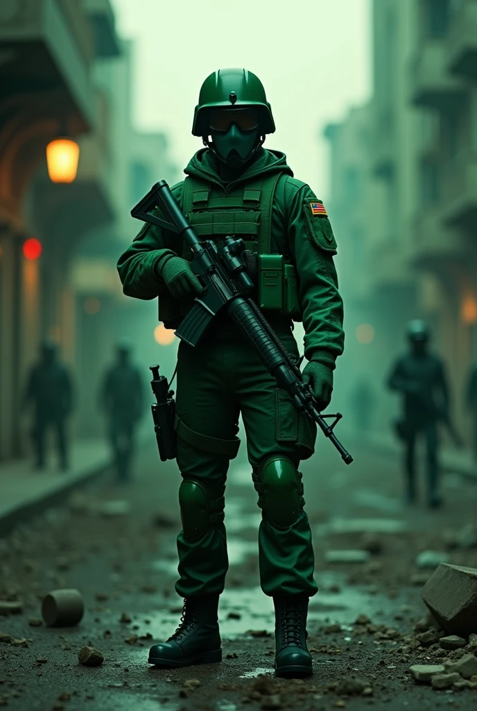 a Modern plastic green army man (Modern Special Forces Soldier) holding a professional video camera, dramatic lighting, cinematic, highly detailed, hyper realistic, 8k, photorealistic, masterpiece, award winning, cinematic composition, intricate details, striking color palette, dramatic shadows and highlights, volumetric lighting, impeccable lighting and rendering, crystal clear focus, mesmerizing depth of field, stunning visuals