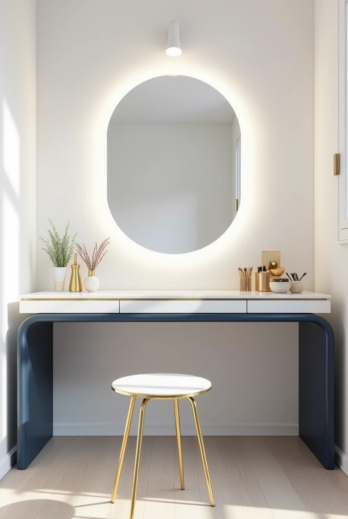 Professional 3d architecture rendering design of modern and gold French design for matte white  and dark blue makeup table with beautiful mirror and white wall and elegant accessories and white mirror with light laminate floor 
