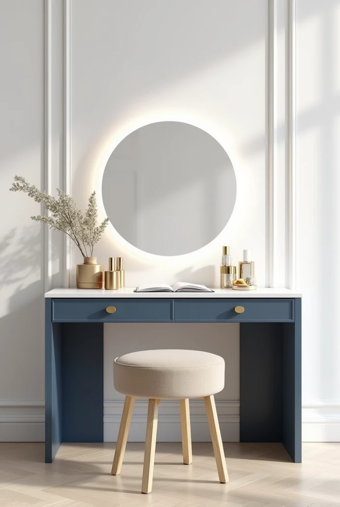 Professional 3d architecture rendering design of modern and gold French design for matte white  and dark blue makeup table with beautiful mirror and white wall and elegant accessories and white mirror with light laminate floor 