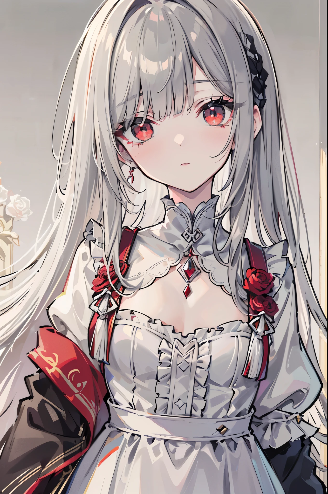 (Limited edition palette), Highest quality, (((masterpiece))), (((Beautiful detailed hair))), (((Beautifully detailed skin))), alone, , young, , (((Gray Hair))), Red eyes, (mascara), Blunt bangs, ((Hair above the eyes)), Long Hair, Medium chest, Ruffled White Dresses, White frills, Too much decoration, Rose, Noble, loyal, Bride's Hair, (((Eye focus))), (((Expressionless))), The background is blurred, Hollow Eyes, Hollow Eyes, (Red Theme), Bedroom Background, Displaying the viewer, (((Tie your hair up))), (((night))), Half-closed eyes, close, (((hair ornaments))), Upright body, Neatly cut bangs, Hair braided at the back of the head, Sleeveless dress,