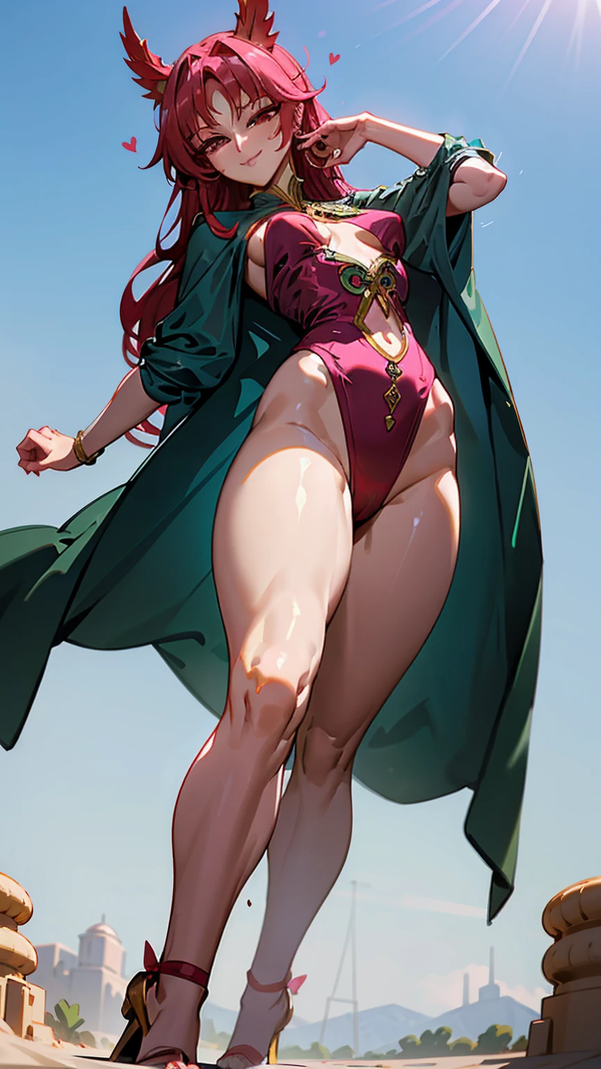 Giantess ((Morgiana from Magi)) powerful and graceful (masterpiece best quality) calm smile, eyes filled with quiet strength (real picture intricate details) (1 lady solo tall and athletic figure) long red hair, bright pink eyes (tight dancer outfit, emphasizing her toned, muscular form) towering over a tiny human, her leg lightly pressing him down, the overwhelming difference in their power making her feel a deep sense of protective dominance. She enjoys the control she has, her heart steady and focused on her mission. Background: Desert oasis, the air filled with the scent of sand and adventure.
