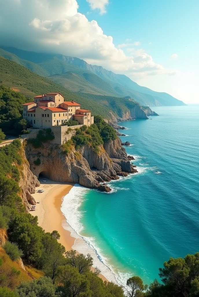 Imagine a serene Italian coastal countryside, where rolling hills gently slope down to a pristine beach. The landscape is dotted with olive groves and vineyards, their lush greenery contrasting with the deep blue of the Mediterranean Sea. A quaint village with narrow, cobblestone streets and charming stone houses sits atop a hill, overlooking the tranquil shore. The beach is a stretch of golden sand, fringed by gentle waves that lap softly against the shore. In the distance, the rugged coastline meets the azure sky, creating a perfect blend of natural beauty and peaceful solitude.