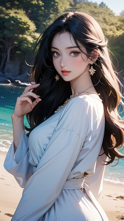 (masterpiece,Highest quality,,8k,High resolution),One female,,Beautiful Face,Beautiful Face,Beautiful eyes,Beautiful lips,,Black Hair,look back,,flower,Sandy beach with a view of the forest,A bright night with stars visible,jewelry,Holding,Long sleeve,necklace,Long Hair,dress,(whole body),Highly detailed anime art,