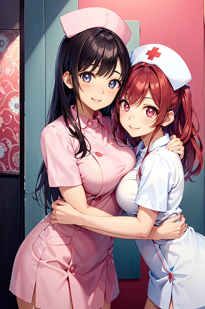 UHD, masterpiece, anatomically correct, super detail, high details, best quality, 8k,perfect beauty 2girls, oily skin, random Breast size、random hair style、random hair color,nurse uniform,nurse cap, crazy eyes, mismatched pupils, smile, anime style, retina,(hug),pink heart