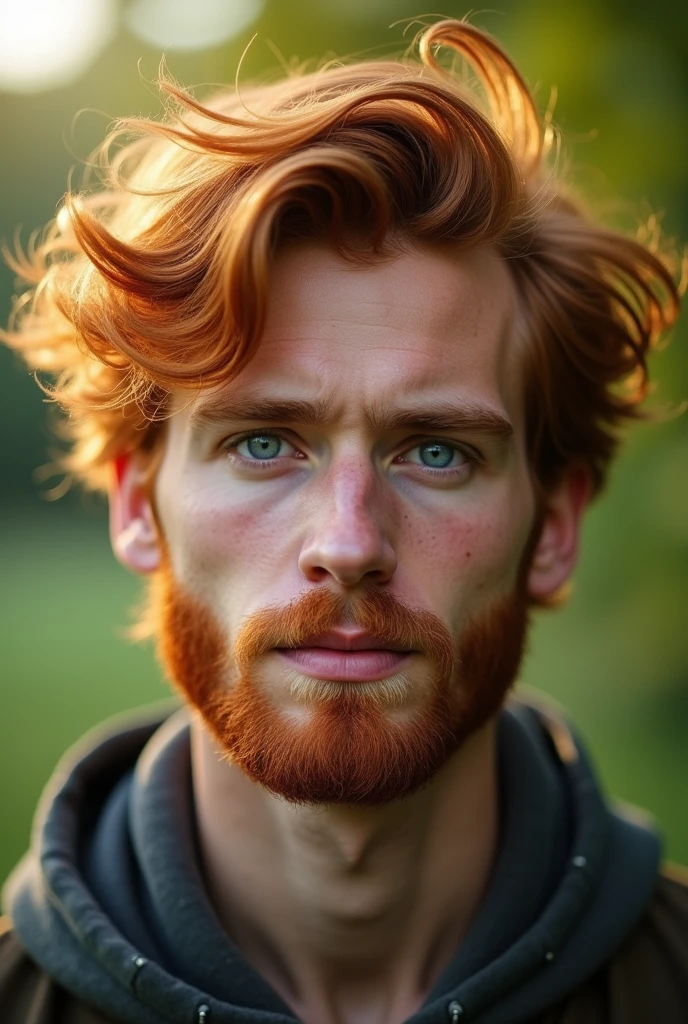The face of a young red-haired man, with red beard, serene gaze and clear blue eyes. short-hair, fine nose, bushy eyebrows 
