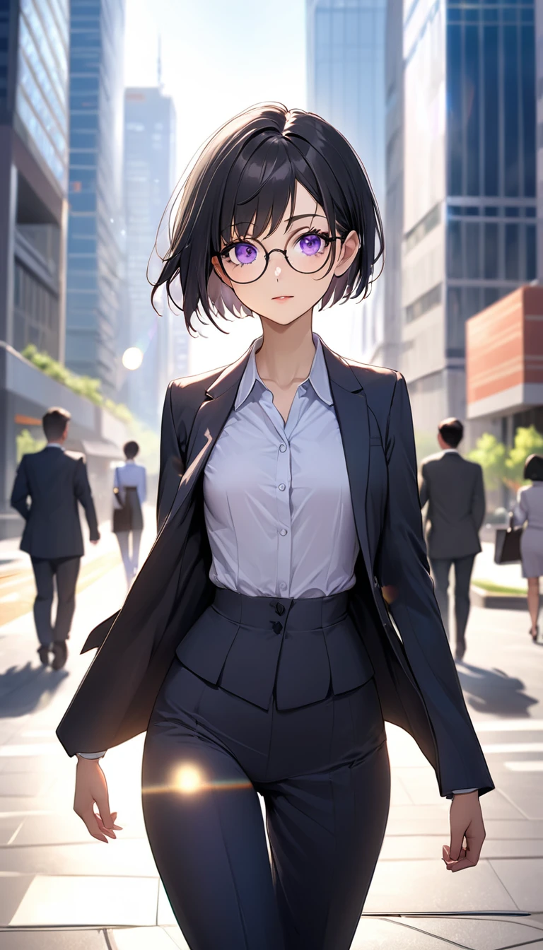 Highest quality、Best image quality、masterpiece、a girl、Beautiful Eyes、black hair, purple eyes、pixie cut、(flat chest)、slender、Tight waist、Round Glasses、suit, Office Lady、noon、Outdoor、cowboy shot, Walking、Natural light、Shallow depth of field、In the office district、skyscraper、Lens flare